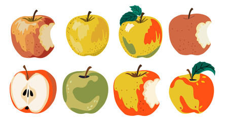Fresh apple fruit set. Yellow, red and green apple, whole, cut, bite fruits collection. Healthy sweet vitamin summer food. Natural eating. Flat vector illustration isolated on transparent background