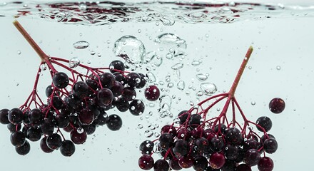 Fresh elderberries submerged in crystal clear water with bubbles and red stems, food photography for healthy eating concepts