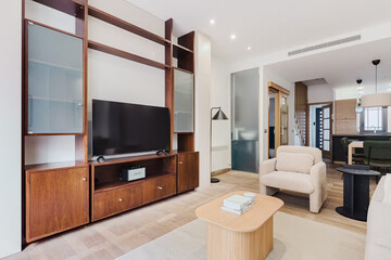 Modern luxury apartment interior in minimal scandinavian style, 3d rendering