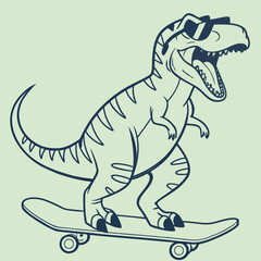 A cartoon dinosaur wearing sunglasses rides a skateboard with a big smile