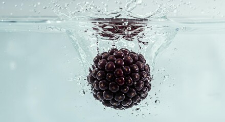 Round cluster of fresh elderberries sinking underwater with dramatic splash crown and bubble trail, artistic food photography