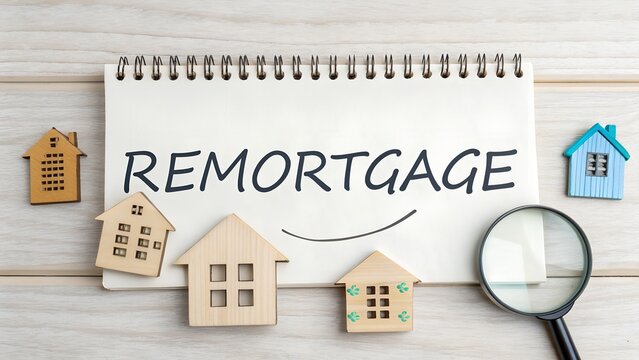 Remortgage Concept – Spiral Notebook with Bold Text, Wooden House Models and Magnifying Glass, Property Finance, Loan Refinancing, Real Estate Planning, Minimal Style, Stock Photo
