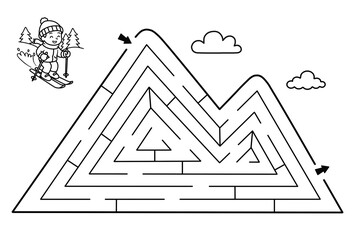 Mountain maze activity sheet for children. Cute ski maze for kids. Kids labyrinth puzzle. Black and white maze puzzle game for children.	