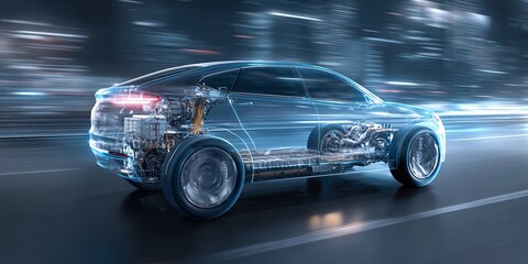 High-Tech Electric Vehicle with Transparent Side View Showing Engine and Wheel in Motion on Urban Road