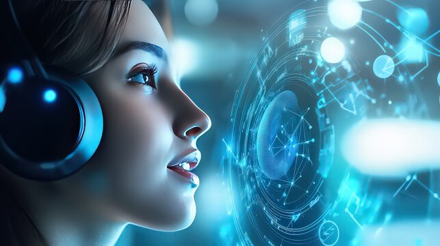 A woman with headphones looking at a glowing blue digital sphere with network connections in the future