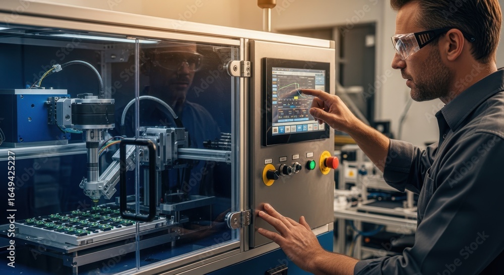 Poster industrial engineer adjusting settings on potting machine for seismic node electronics optimizing pr
