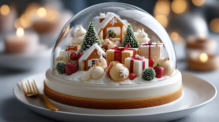 A festive Christmas dessert inside a glass dome. It features a snowman, miniature trees, and red decorations. The background has soft lights and holiday gifts.
