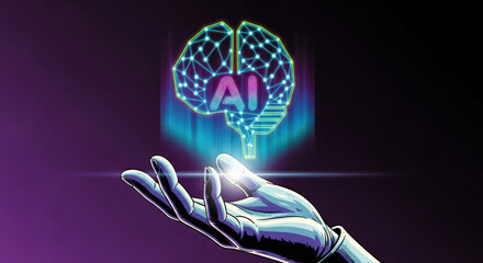 Futuristic AI Brain Illustration with Glowing Network Connections Above a Metallic Hand on a Gradient Purple Background for Technology Concepts