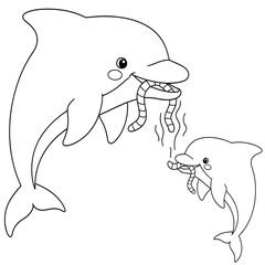 The parent and baby dolphin are trying to eat the same wiggly worm from opposite ends.