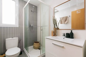 Modern bathroom interior in minimal scandinavian style, 3d render