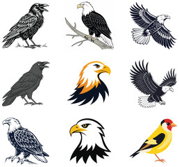 Obraz premium A collection of different bird silhouettes in flight, including eagles, hawks, and crows, perfect for a tattoo or wildlife illustration