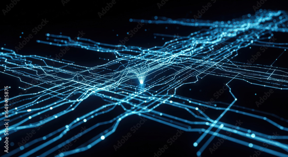 Aufkleber abstract network of interconnected lines and nodes glowing in blue against a dark background, repres