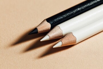 Three pencils, black and white, on a beige surface