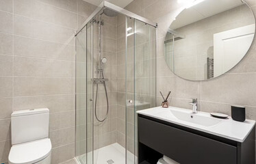 Modern bathroom interior in minimal scandinavian style, 3d render