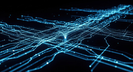 Abstract Network of Interconnected Lines and Nodes Glowing in Blue Against a Dark Background, Representing Connectivity and Technological Advancement