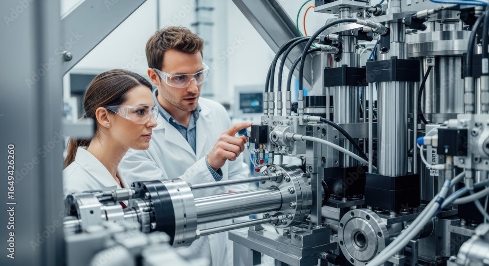 Poster laboratory engineers inspecting a wave energy dynamometer cells hydraulic actuator modules used for 