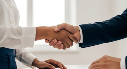 Fototapeta premium Handshake for business agreement, partnership, or successful deal. Diverse professionals close a deal in a bright, modern office setting. Collaboration & success.