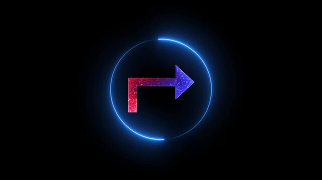 Neon right arrow icon saber animation road signal road information traffic signal sign symbol on black background.