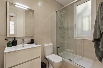 Modern bathroom interior in minimal scandinavian style, 3d render