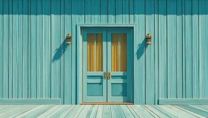 Teal wooden house front facade with double doors