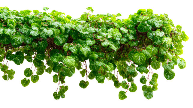 Vibrant green trailing ivy plant with heart-shaped leaves on a white background, cut out transparent
