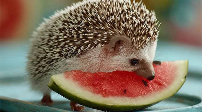 A cute hedgehog enjoying a slice of juicy watermelon on a colorful background.