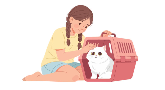 Young girl interacting with her beloved fluffy white cat in a cozy pink pet carrier, depicting a scene of tenderness and animal companionship.