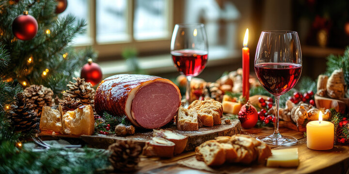 A festive Christmas table setting with a glazed ham, assorted cheeses, bread, and red wine glasses. Pine branches and ornaments add a seasonal touch.
