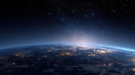 Fototapeta premium Earth curvature with continent lights and galaxy from space, astronomy global vector for science education.