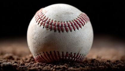 Close up macro shot of a baseball resting on the infield dirt ready for the next pitch