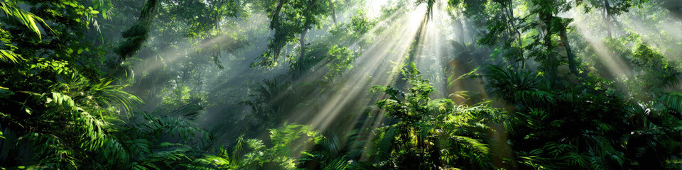 Ethereal sunlight beams through lush jungle canopy rainforest scene nature photography serene atmosphere