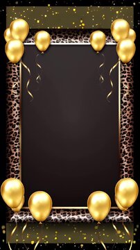 Animated vertical video, elegant frame with animal print leopard pattern, gold accents and shiny golden balloons on the corners, subtle glitter and light reflections moving softly. 

