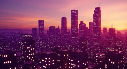 Fototapeta premium A Stunning Aerial View of a Modern Cityscape Bathed in the Warm Hues of a Sunset Sky with Towering Skyscrapers and Illuminated Buildings