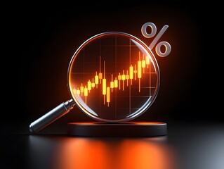 Stock market analysis and investment research with magnifying glass and percentage sign