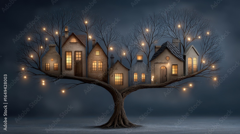 Poster Heart-shaped tree with glowing windows resembling houses illuminated in a dark setting
