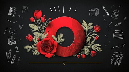 Red "O" with roses on blackboard surrounded by chalk school drawings, artistic education vector design.