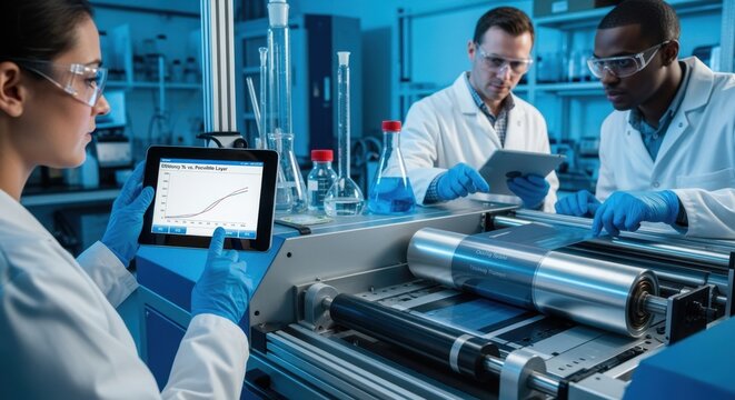 Scientific team adjusting rollcoating parameters during the development of perovskite tandem cells for enhanced solar efficiency.