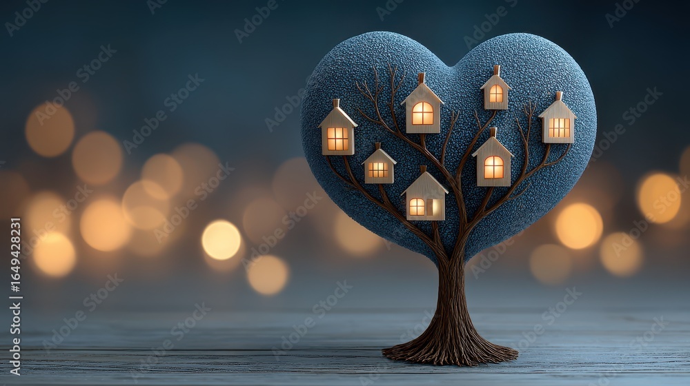 Poster tree with heart-shaped base featuring glowing windows resembling rooms, symbolizing warmth and comfo