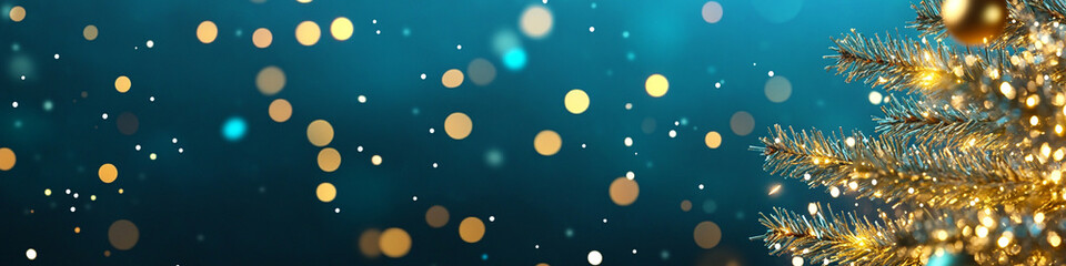 Christmas tree with golden lights on a blue background with copy space