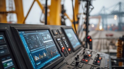 An upclose look at the control system of the quaycrane showcasing touch screens and AI analytics that optimize loading and unloading schedules for maximum efficiency.