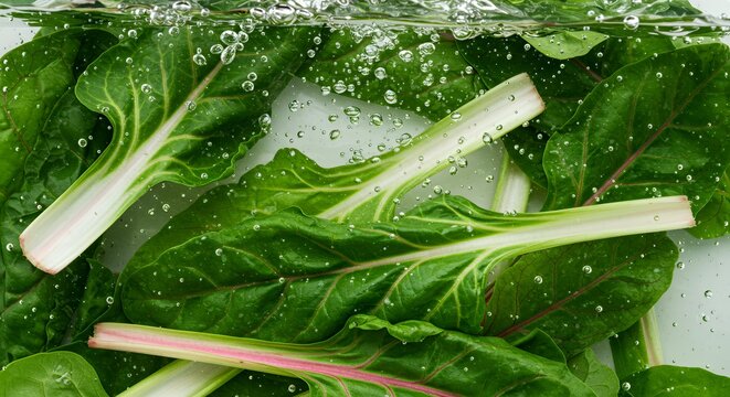 Fresh rainbow chard stems with water droplets on wet surface, organic vegetable ingredient for healthy cooking and salad preparation - Powered by Adobe