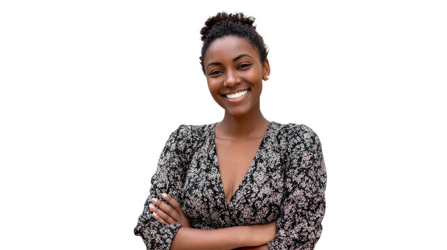 Portrait of a smiling Black woman with arms crossed against a white background, cut out transparent - Powered by Adobe