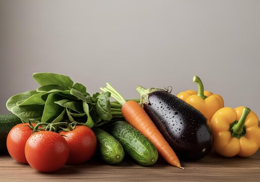 Colorful Fresh Vegetables Assortment with Water Droplets on Wooden Surface