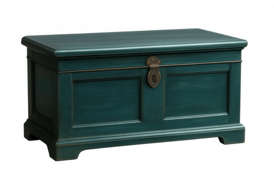 Classic green painted wooden hope chest with brass lock isolated on transparent background, ideal for storing clothes, blankets or other household items