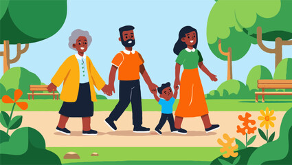 Multi generational black family enjoying a walk in the park together
