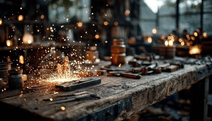 Illuminated Workbench with Flying Sparks Amidst Crafting Tools and Jars in a Workshop