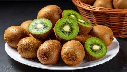Kiwi &ndash; Sliced and whole kiwis on a white plate, macro texture