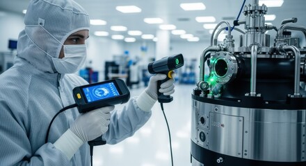 Quality control technician examining a small modular nuclear reactor using handheld scanners in a spotless manufacturing cleanroom.