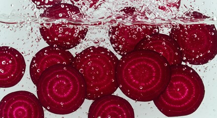 Fresh red beet slices submerged underwater with bubbles on white background for healthy vegetable food photography concept