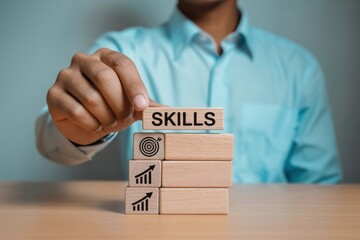 Hand Placing a Wooden Block, business skills and development, career growth.